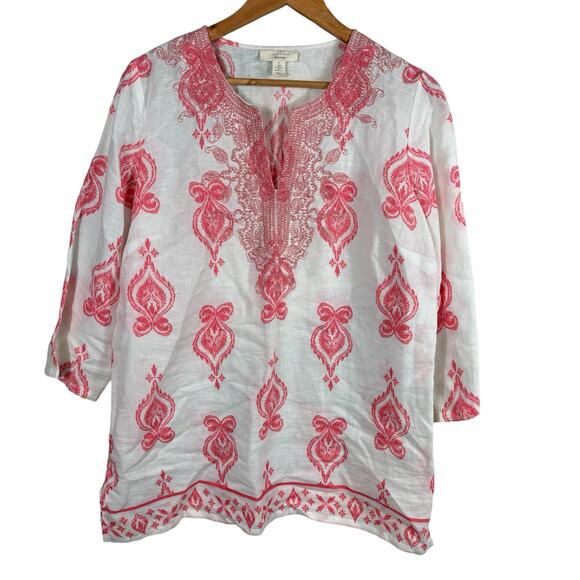 Charter Club Luxury Women Large White Pink Linen Light Soft Breathable Tunic Top - Picture 1 of 9
